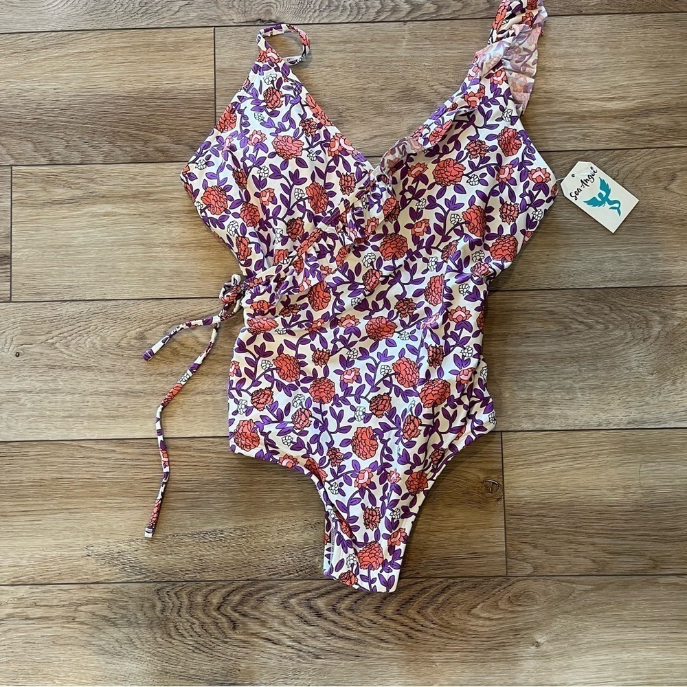 NWT Sea Angel Medium One Piece Swimsuit V-neck Ruffle Meadow Flora Pink Flowers
